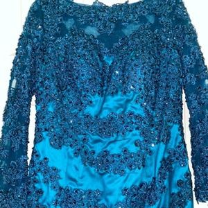 Blue Floral and Beaded Dress with train